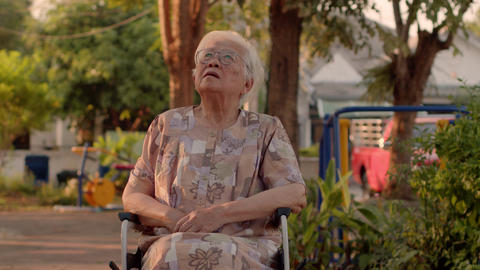 An Asian woman who is an elderly person with white hair, wearing glasses, siting in a wheelchair