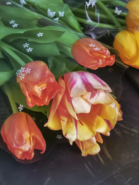 A bouquet of beautiful tulips on the table