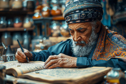 Senior male calligrapher inscribes Quranic verses