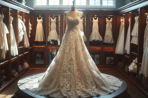 Beautiful wedding dress in a bridal boutique