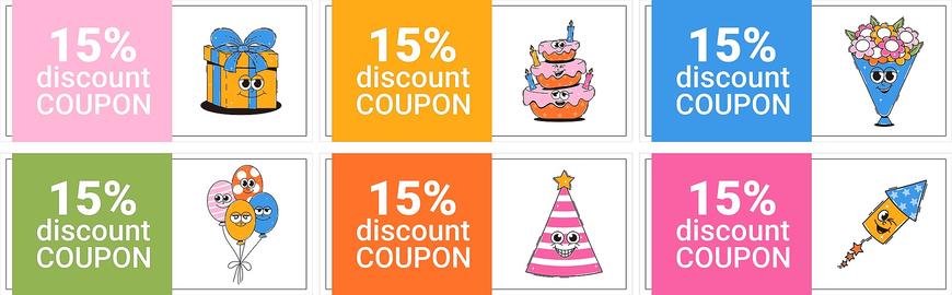 Happy birthday discount coupon set in retro groovy style