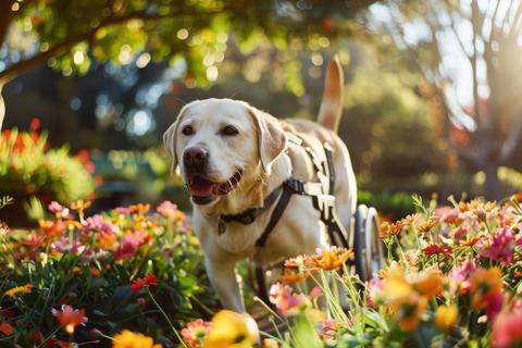 Happy disabled labrador dog in blooming park