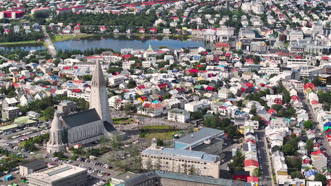 Reykjavik Iceland Downtown. Aerial View, Church and Buildings, Sunny Summer Day