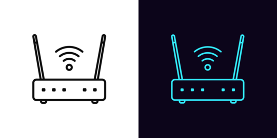 Outline wifi router icon, with editable stroke. Wifi router with antennas and wave signal. Wireless