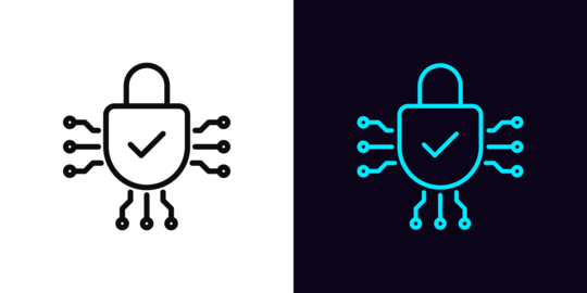 Outline digital lock icon, with editable stroke. Digital lock with tick sign. Reliable cyber