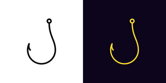 Outline fishhook icon, with editable stroke. Hook sign, symbol of internet fraud and deceit. Cyber
