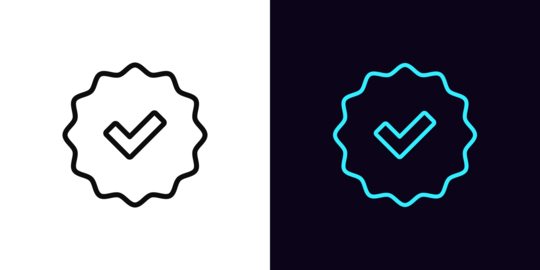 Outline Verified badge icon, with editable stroke. Blue tick sign, approved checkmark. Verified user