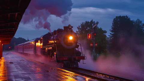 Steam train arriving at station on a rainy dusk, atmosph GIF 33926801 ...