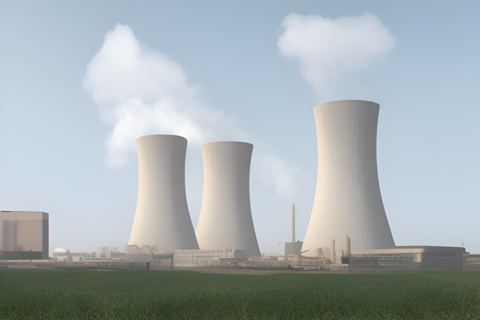 Nuclear powerplant with smokestacks and smoke for fission power energy production industrial concept