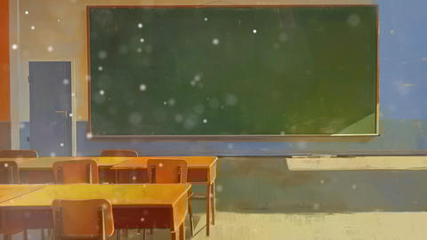 empty classroom with big green chalkboard, tables and Back