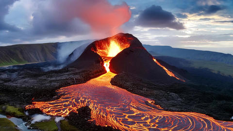 Iceland Fiery River: Volcano Erupts at Dusk