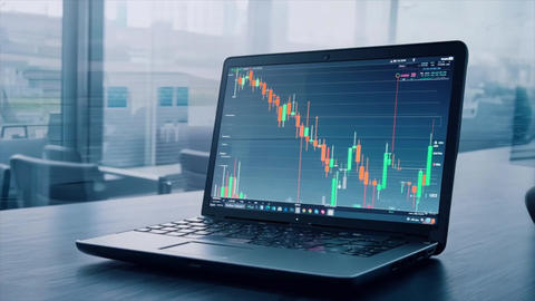 stock market chart and date on a business laptop screen in corporate work setting