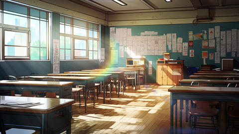 Empty classroom with chalkboard and rows of desks. Anime art style. Loop animation