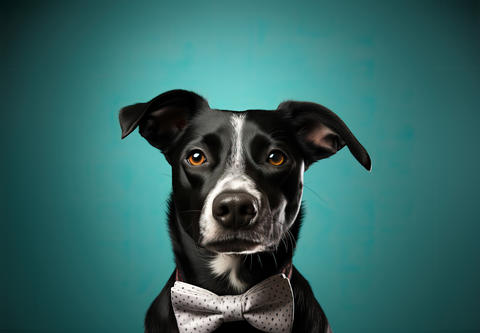 Illustration of a stylish black and white dog wearing a bow tie created with Generative AI