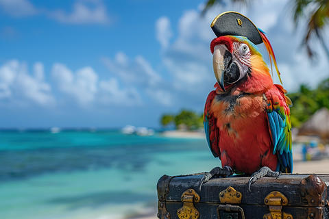 A vibrant parrot with colorful plumage sits atop a piece of luggage