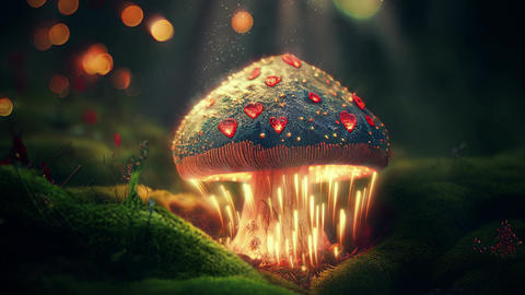 Magical romantic toadstool with hearts in a fairy forest 3D video loop animation