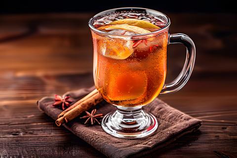 Warm spiced apple cider in a glass mug with cinnamon sticks and star anise on a wooden table