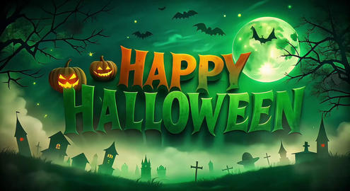 Vivid depiction of Halloween, featuring a green moon, a cemetery, castle