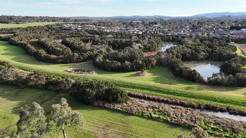 Aerial view of wetlands and suburban houses