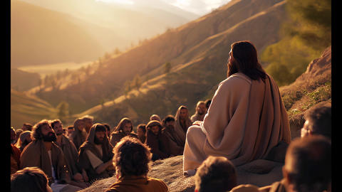 Jesus teaches his disciples on a hillside at sunset