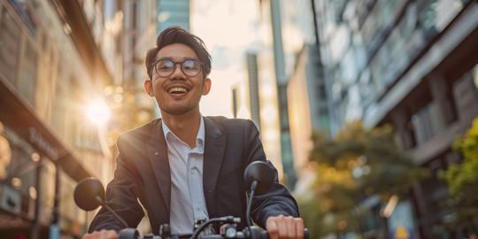 Smiling Man Riding Motorcycle in City