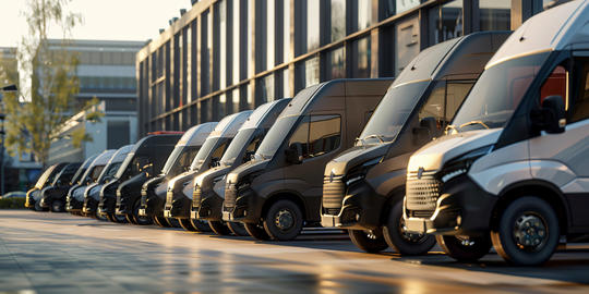Row of Vans Parked in Front of a Modern Building