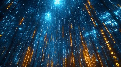 Abstract representation of digital data in blue and orange hues