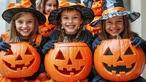 Happy children in Halloween costumes holding carved pumpkins during festive