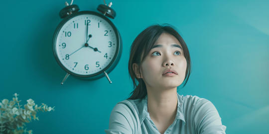 A woman sits looking upwards in contemplation. She appears deep in thought as she gazes upward