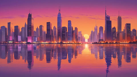 Vibrant City Skyline at Sunset with Reflections