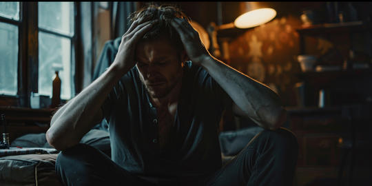 A portrait of a man sitting in a room, hands on head, looking down. He exudes a sense of deep
