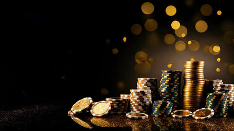 Casino theme: playing cards, chips and golden coins on black background,
