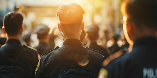 A group of police officers in uniform stand in a row, their backs to the camera, as the sun sets