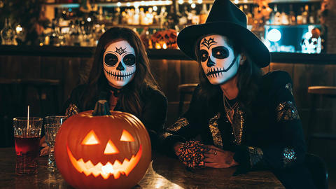 Halloween Party with Friends in Skeleton Costumes and Pumpkin Decorations