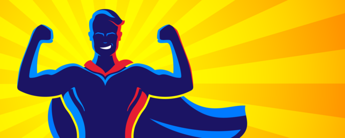 Superhero poses confidently against a shiny background in flat style