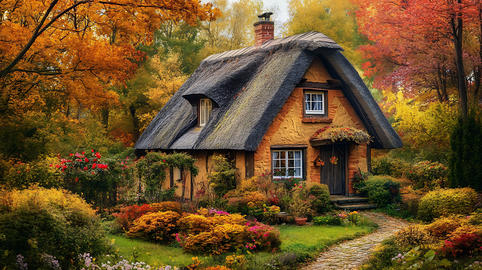Cozy autumn cottage with thatched roof in fall scenery