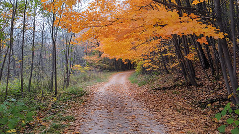 Autumn tree canopy with golden fall leaves overhead