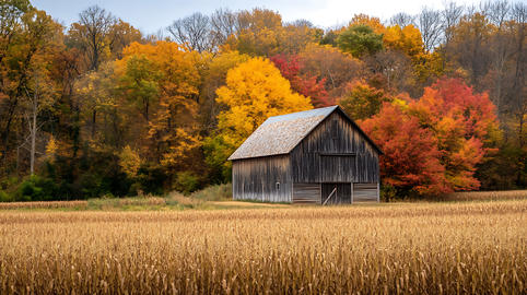Old rustic barn with cornfields in the countryside