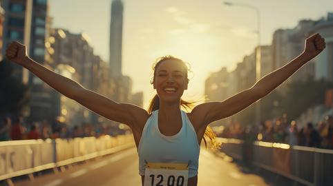 Joyful female athlete celebrates victory after finishing a marathon in a city setting