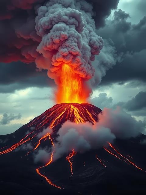 Dramatic volcano eruption with fiery lava streams against a backdrop of stormy dark skies showcasing