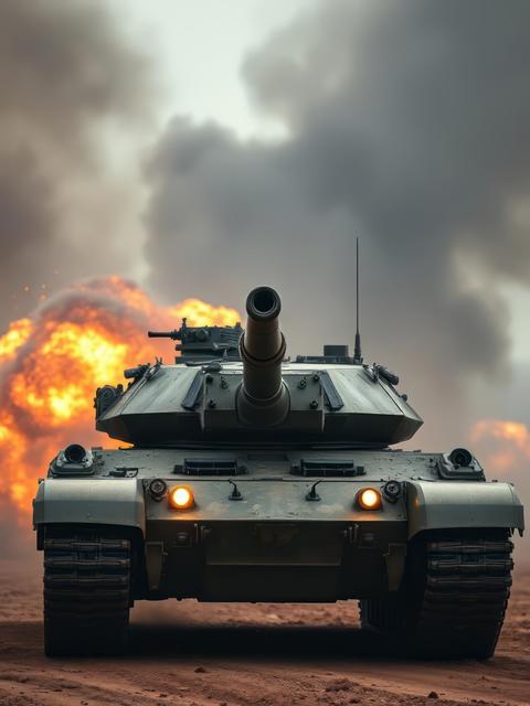 A formidable tank is pictured facing forward with explosions in the background representing the