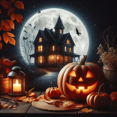 pumpkin in the foreground, an old house in the background at night and moonlight