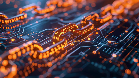 Blockchain Security Features Illustrated With Digital Chain on Circuit Board, Illustrate the