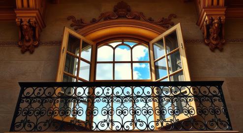 Ornate architectural window with decorative elements and iron railing Nature Restoration