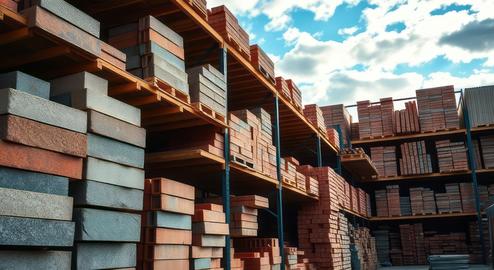 A collection of various building materials including bricks and concrete blocks stacked neatly on