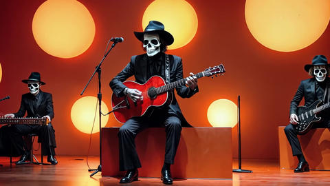 Halloween skeleton band performing with vibrant orange lights and spooky costumes