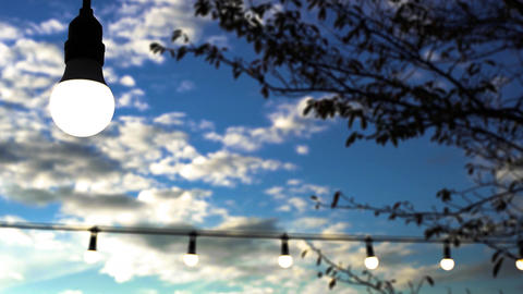 Outdoor light bulbs and leaves swaying in the wind