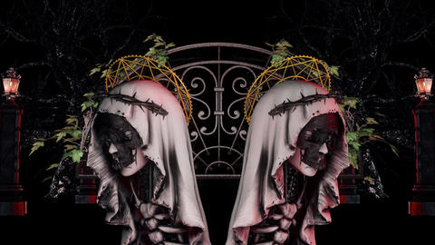 Halloween visual of two spooky necromancy virgins flying over in a creepy graveyard