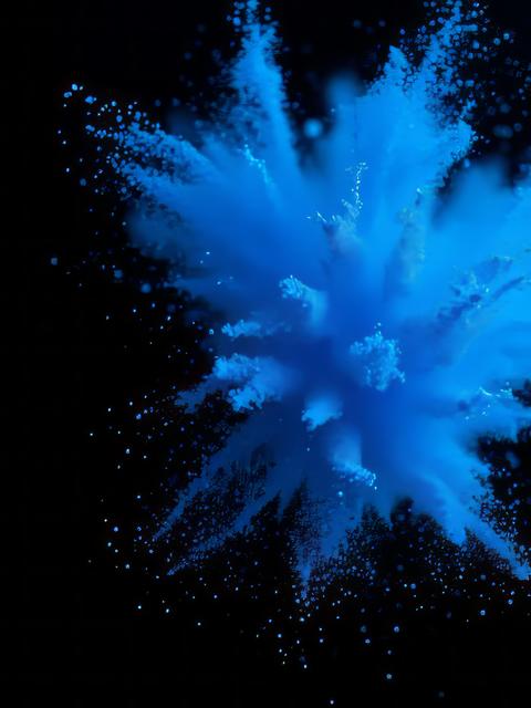 Blue color powder explosion on black background glitter dust particle Ultra realistic technique