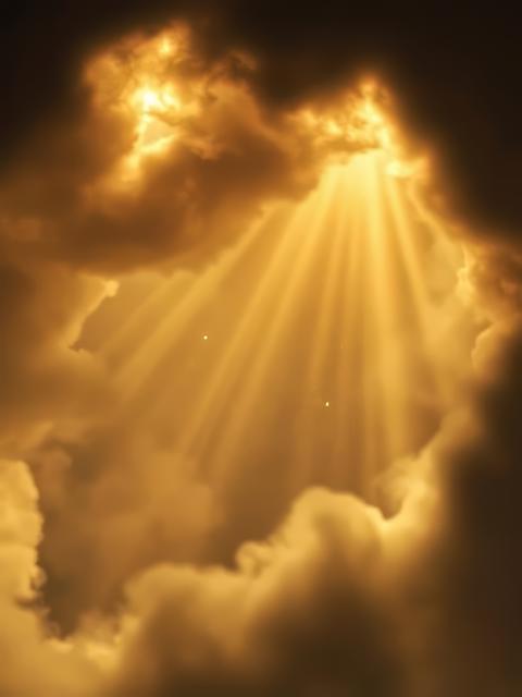 Golden light beams piercing through dark misty clouds casting a spellbinding aura glitter dust